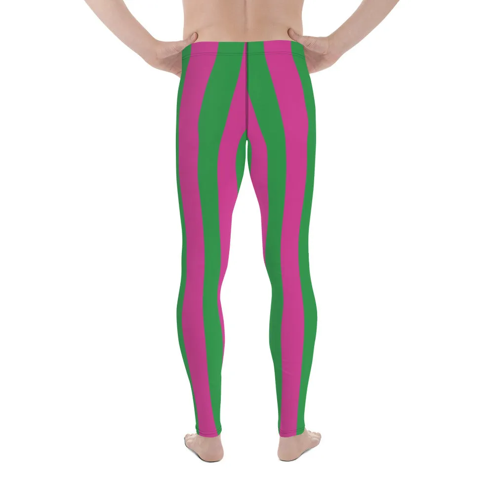 Pink Green Stripes Men's Leggings, Vertically Striped Meggings Running Tights-Made in USA/EU/MX