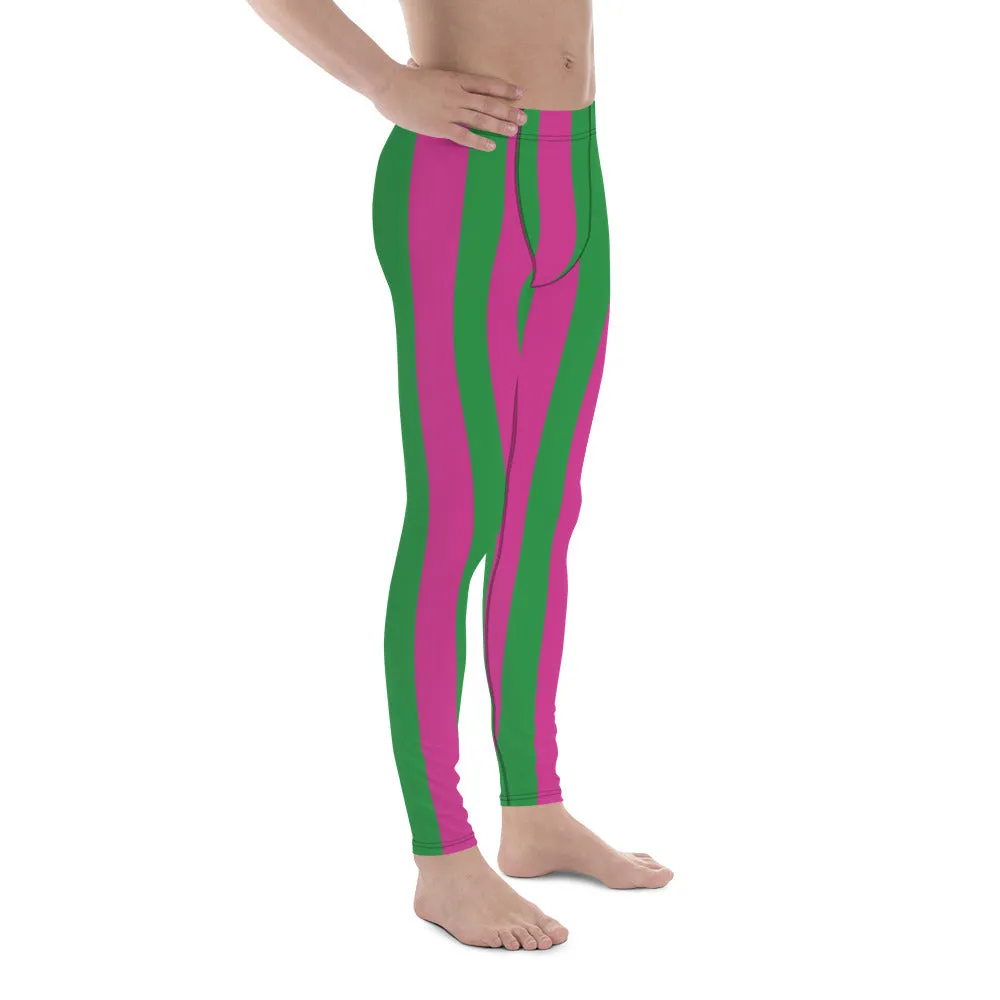 Pink Green Stripes Men's Leggings, Vertically Striped Meggings Running Tights-Made in USA/EU/MX