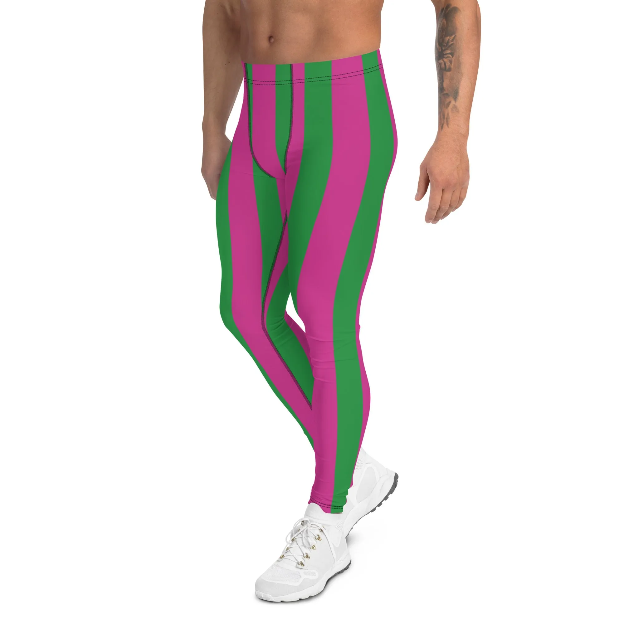 Pink Green Stripes Men's Leggings, Vertically Striped Meggings Running Tights-Made in USA/EU/MX