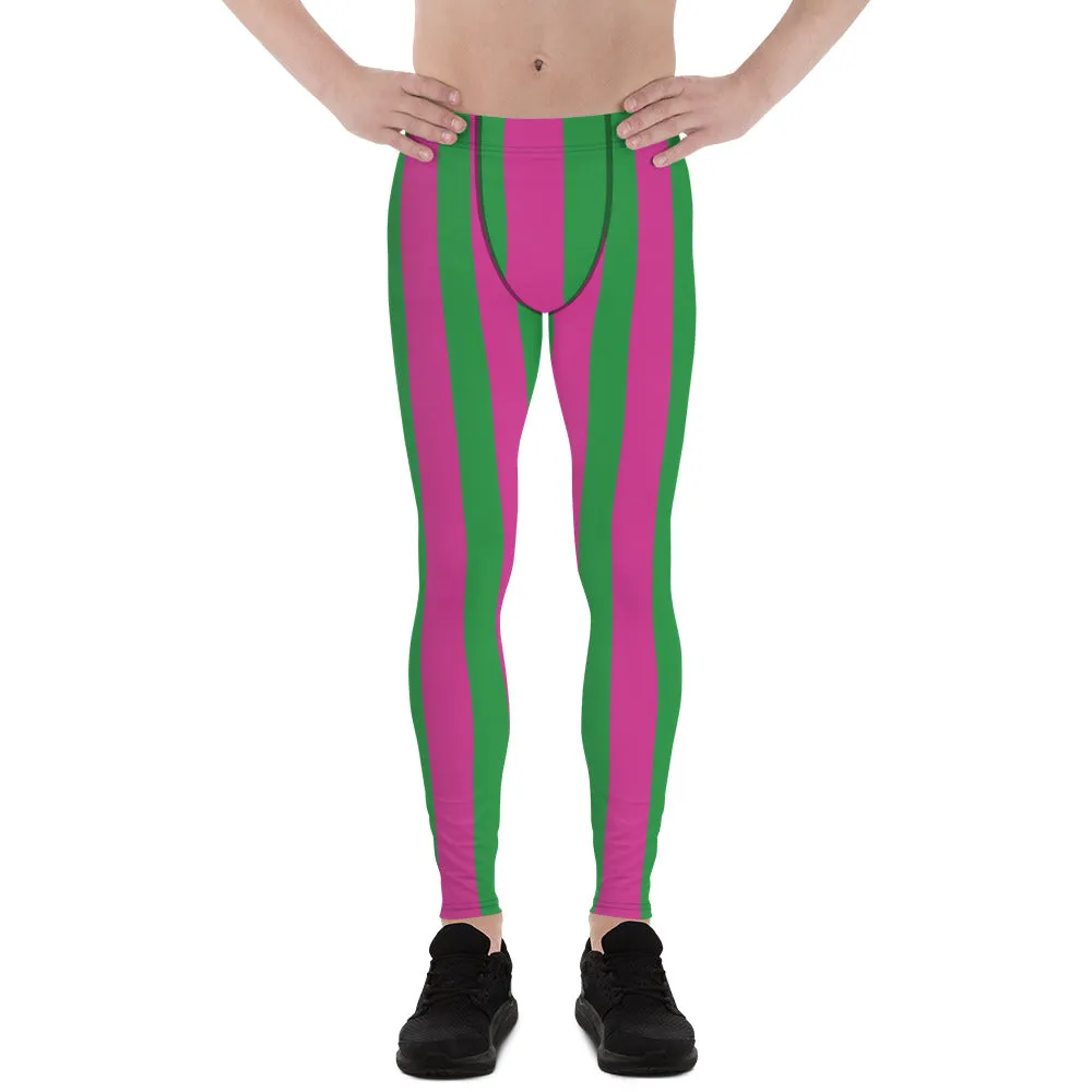 Pink Green Stripes Men's Leggings, Vertically Striped Meggings Running Tights-Made in USA/EU/MX