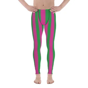 Pink Green Stripes Men's Leggings, Vertically Striped Meggings Running Tights-Made in USA/EU/MX