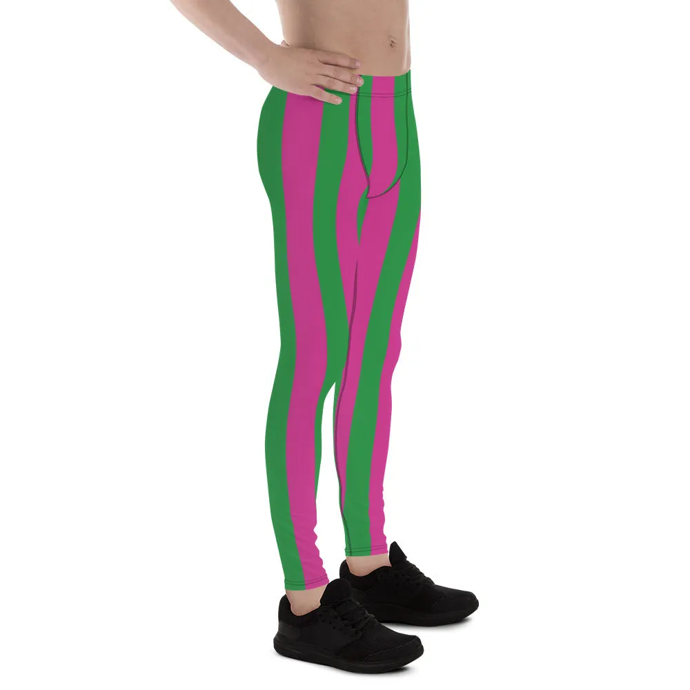 Pink Green Stripes Men's Leggings, Vertically Striped Meggings Running Tights-Made in USA/EU/MX