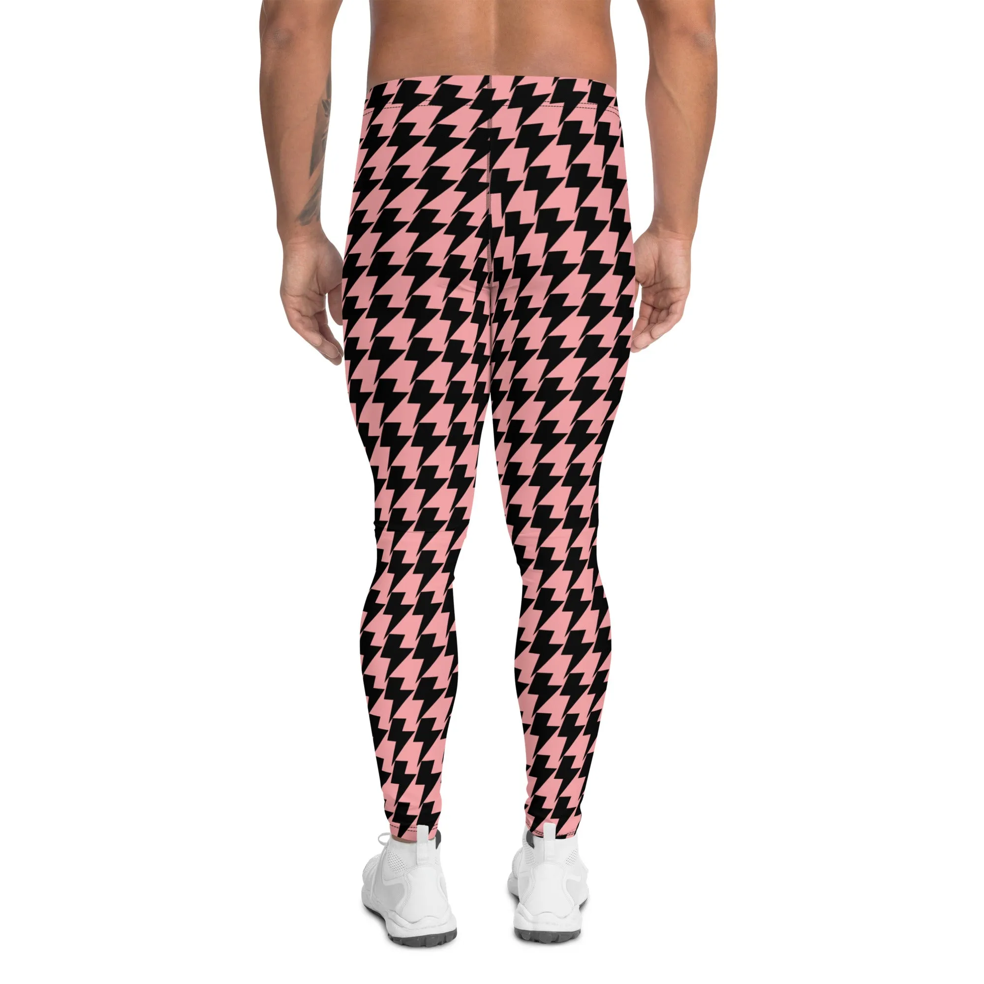 Pink Lightning Men's Leggings, Lightning Pattern Abstract Designer Running Compression Tights For Men - Made in USA/EU/MX