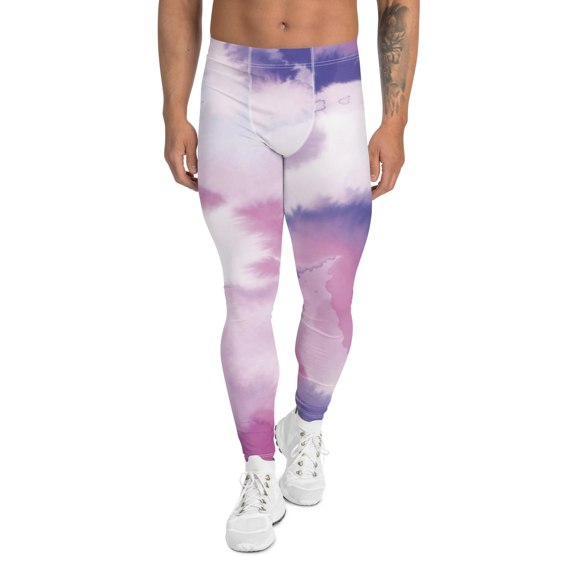 Pink Purple Abstract Men's Leggings, Mixed Colorful Meggings Running Tights For Men-Made in USA/EU/MX