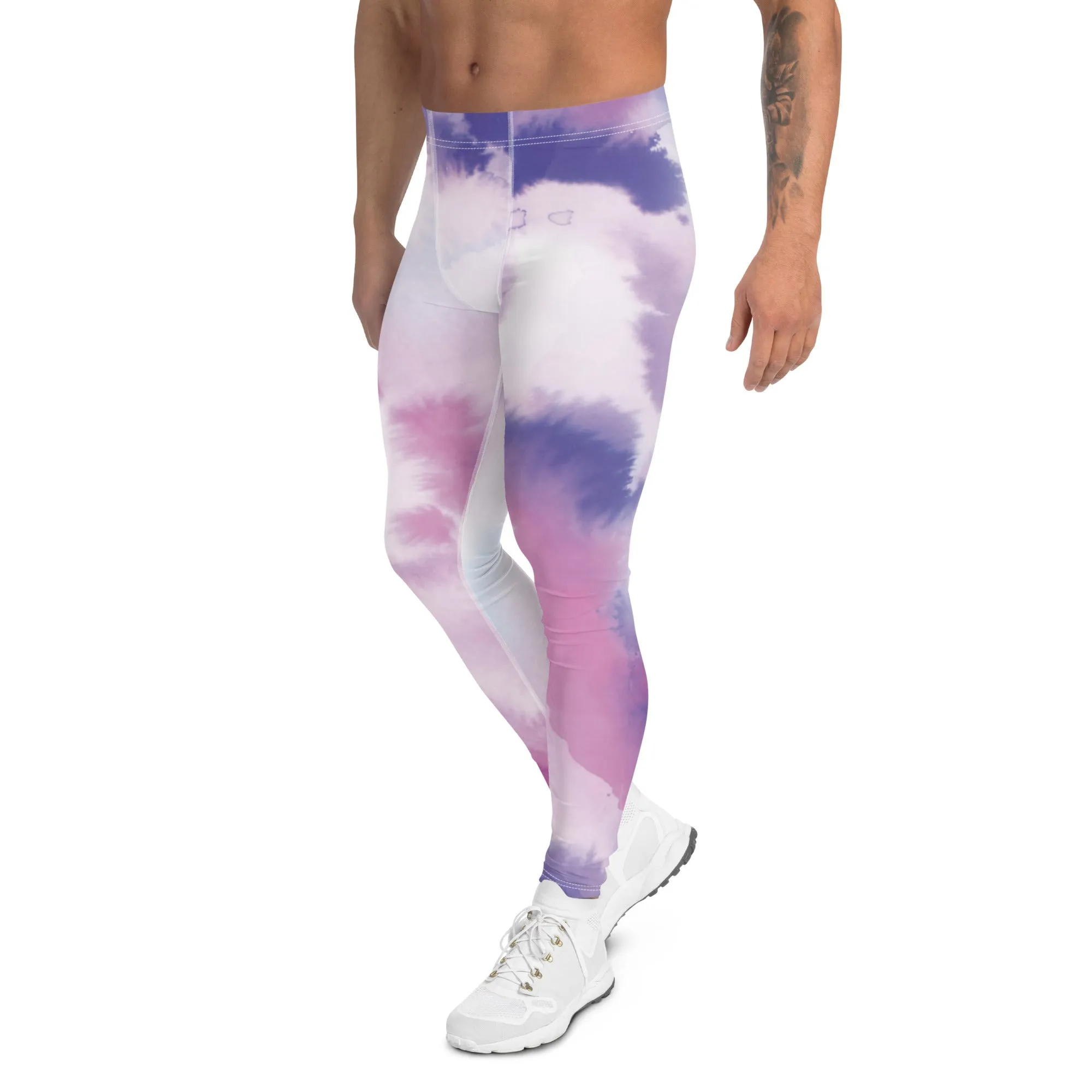 Pink Purple Abstract Men's Leggings, Mixed Colorful Meggings Running Tights For Men-Made in USA/EU/MX