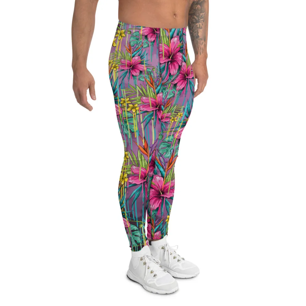 Pink Tropical Men's Leggings, Hawaiian Style Floral Print Meggings Running Tights For Men - Made in USA/EU/MX