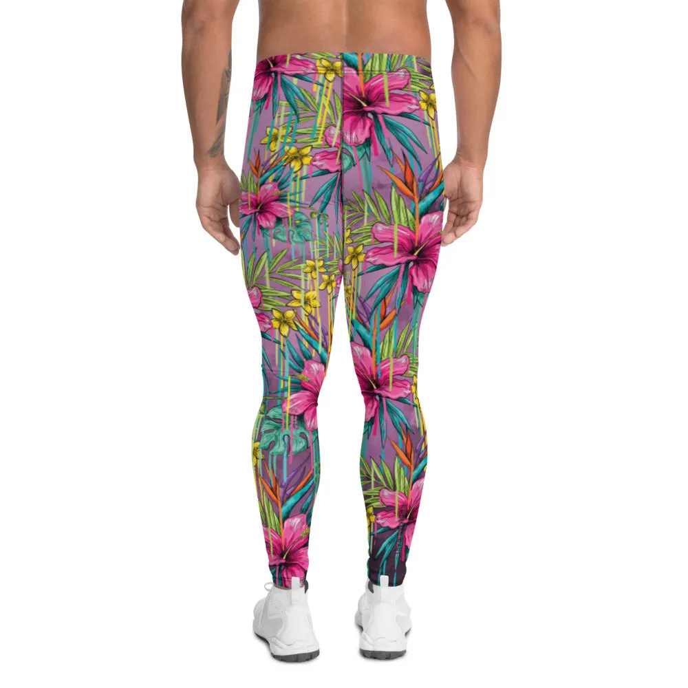 Pink Tropical Men's Leggings, Hawaiian Style Floral Print Meggings Running Tights For Men - Made in USA/EU/MX