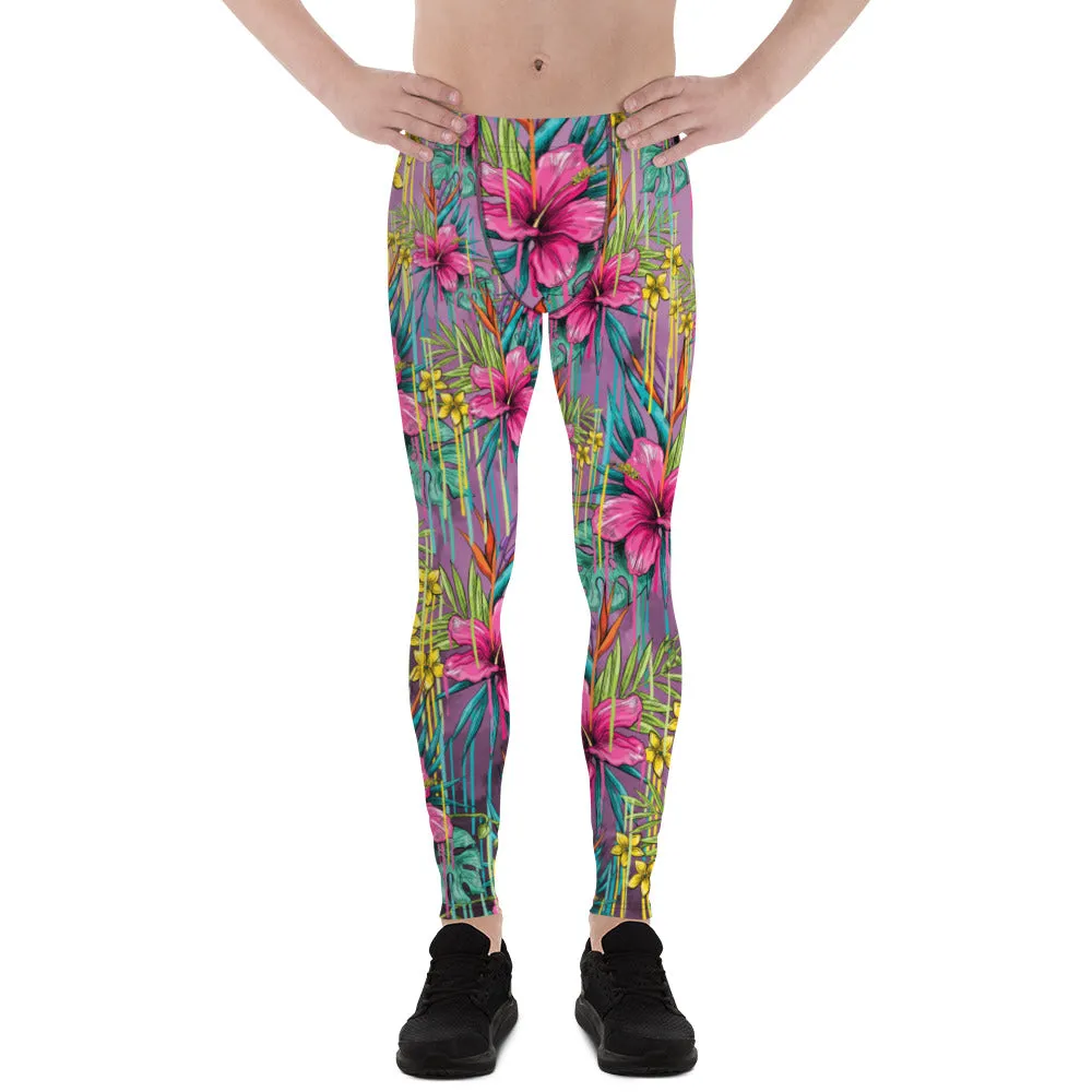 Pink Tropical Men's Leggings, Hawaiian Style Floral Print Meggings Running Tights For Men - Made in USA/EU/MX