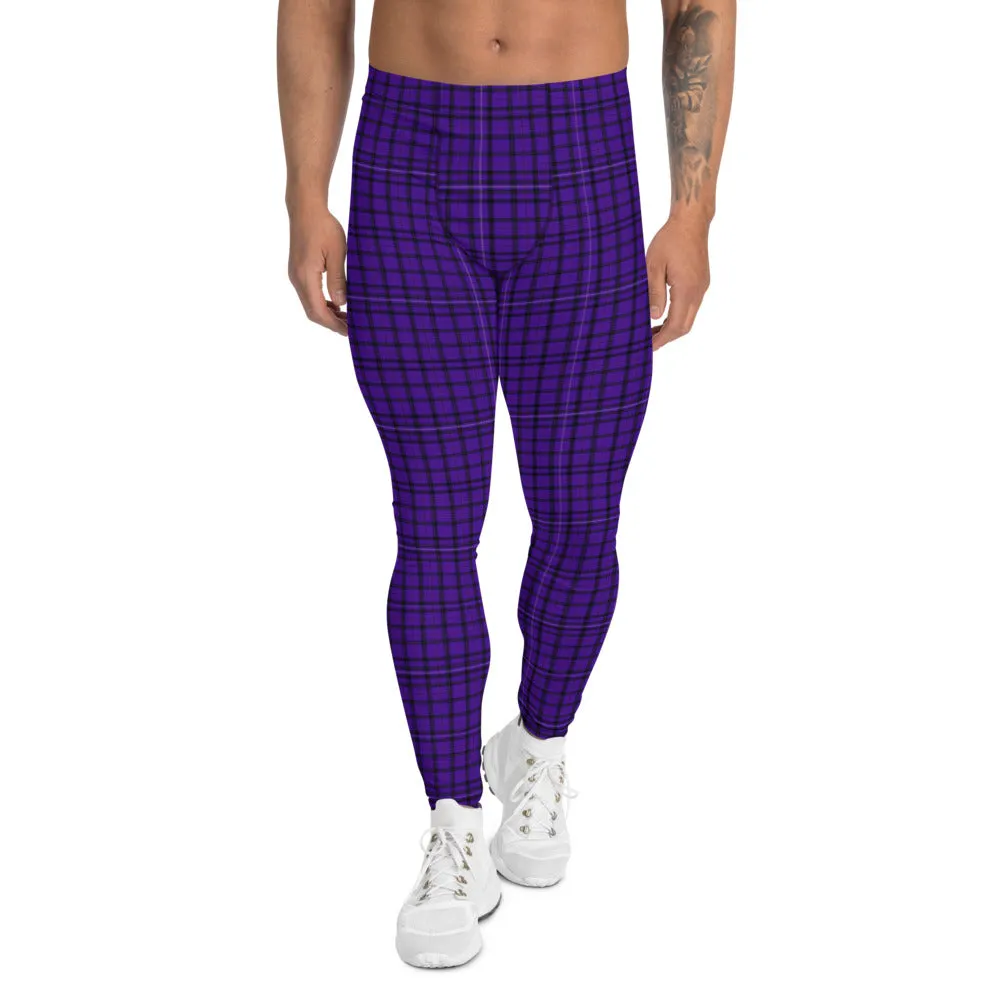 Purple Plaid Print Men's Leggings, Tartan Preppy Scottish Style Meggings Compression Tights