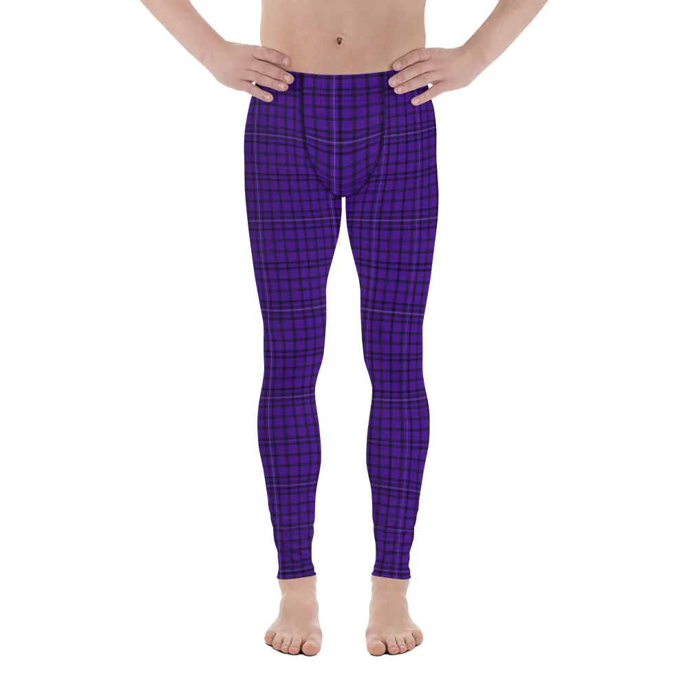 Purple Plaid Print Men's Leggings, Tartan Preppy Scottish Style Meggings Compression Tights