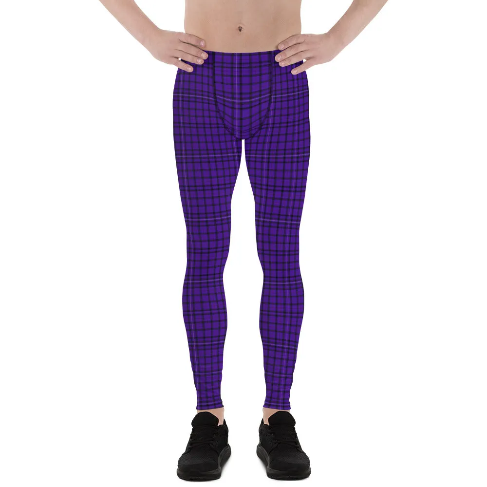 Purple Plaid Print Men's Leggings, Tartan Preppy Scottish Style Meggings Compression Tights