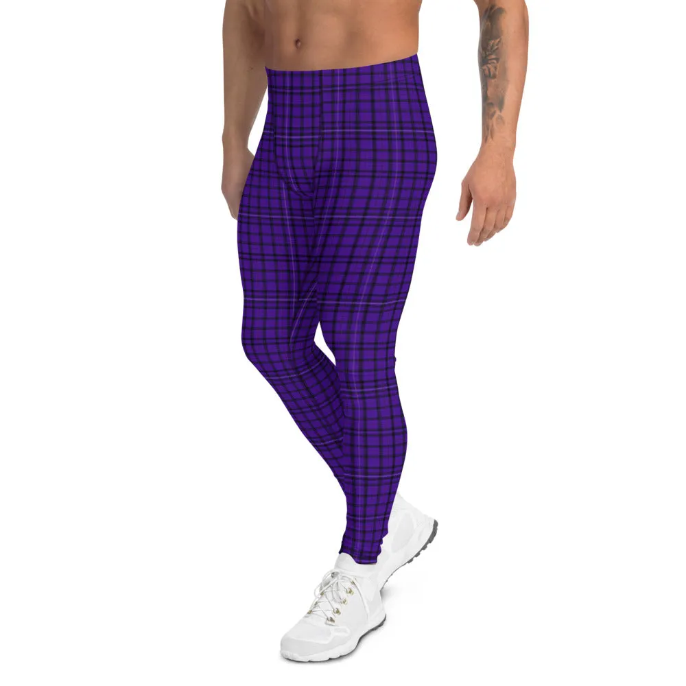 Purple Plaid Print Men's Leggings, Tartan Preppy Scottish Style Meggings Compression Tights