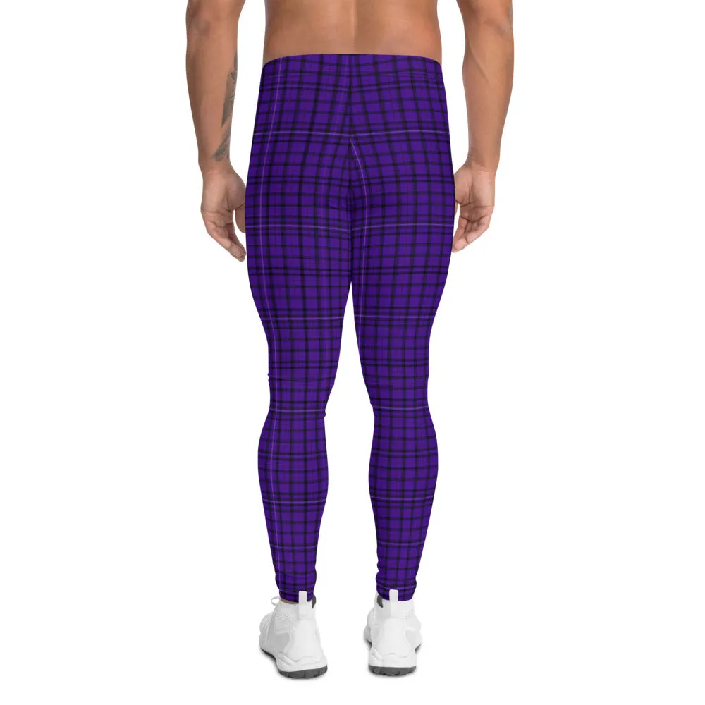 Purple Plaid Print Men's Leggings, Tartan Preppy Scottish Style Meggings Compression Tights