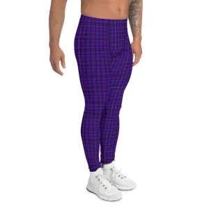 Purple Plaid Print Men's Leggings, Tartan Preppy Scottish Style Meggings Compression Tights