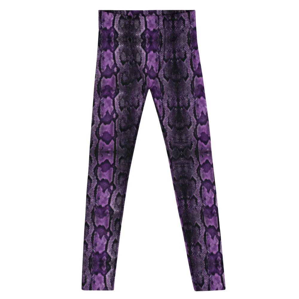 Purple Snake Print Men's Leggings, Snake Skin Python Style Meggings Tights For Men - Made in USA/EU