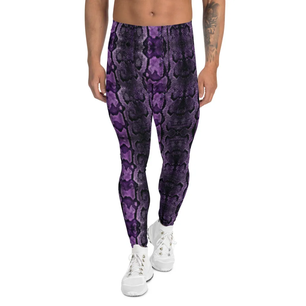 Purple Snake Print Men's Leggings, Snake Skin Python Style Meggings Tights For Men - Made in USA/EU