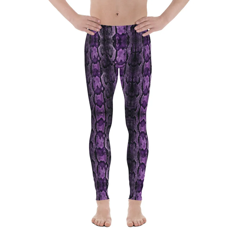 Purple Snake Print Men's Leggings, Snake Skin Python Style Meggings Tights For Men - Made in USA/EU