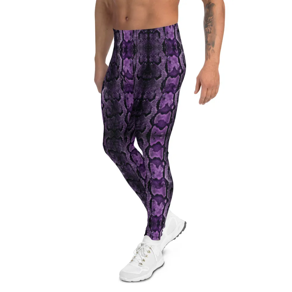 Purple Snake Print Men's Leggings, Snake Skin Python Style Meggings Tights For Men - Made in USA/EU