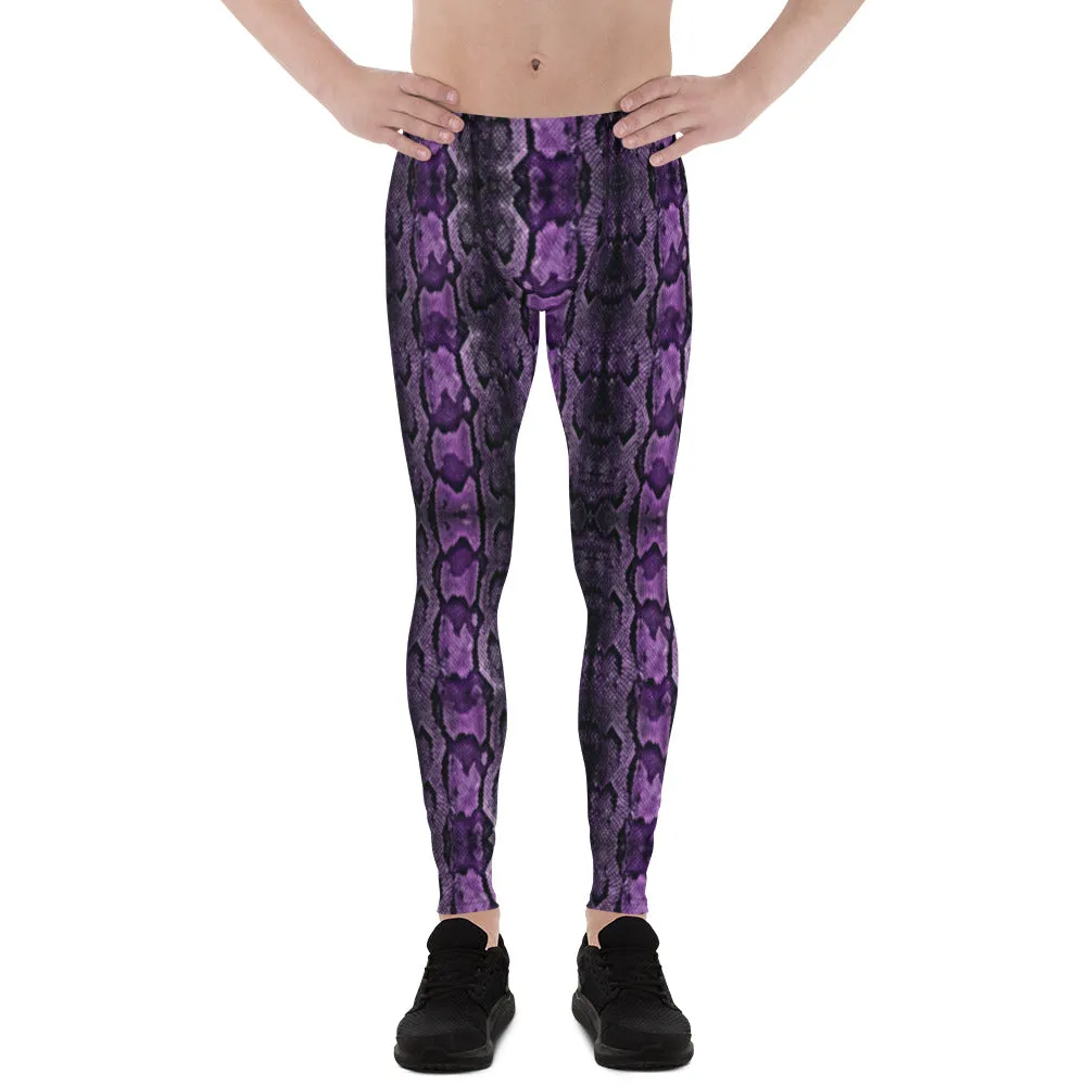 Purple Snake Print Men's Leggings, Snake Skin Python Style Meggings Tights For Men - Made in USA/EU