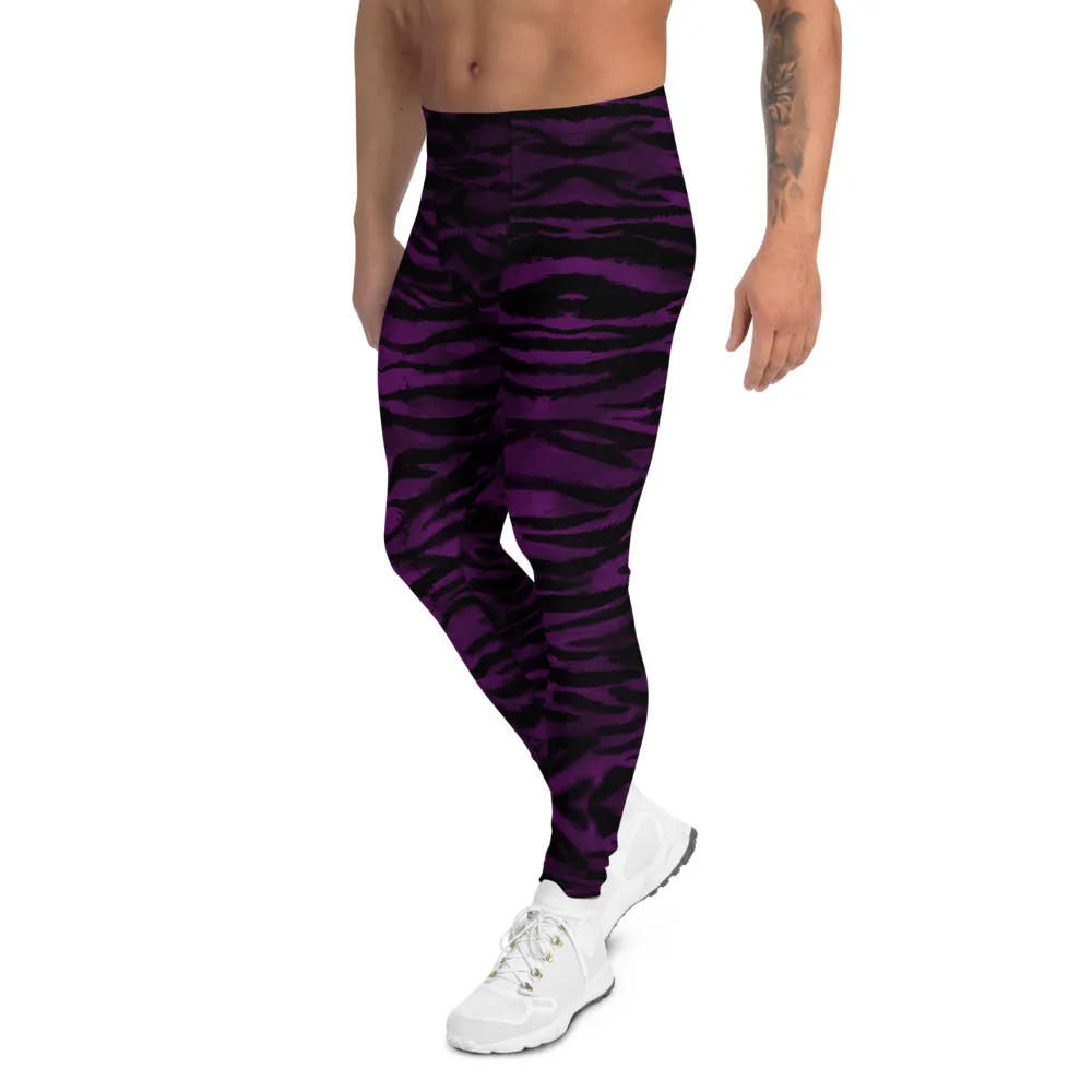 Purple Tiger Stripe Men's Leggings, Animal Print Meggings Compression Tights-Made in USA/EU