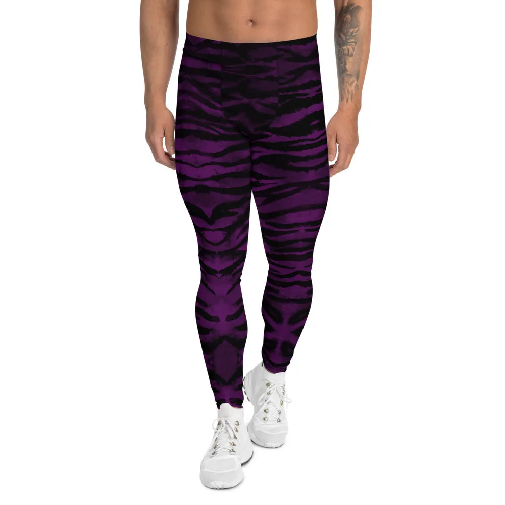 Purple Tiger Stripe Men's Leggings, Animal Print Meggings Compression Tights-Made in USA/EU