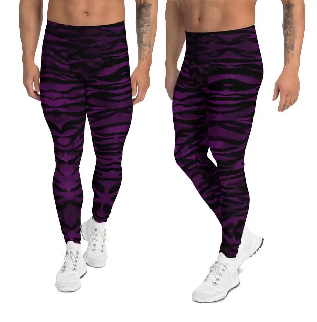 Purple Tiger Stripe Men's Leggings, Animal Print Meggings Compression Tights-Made in USA/EU