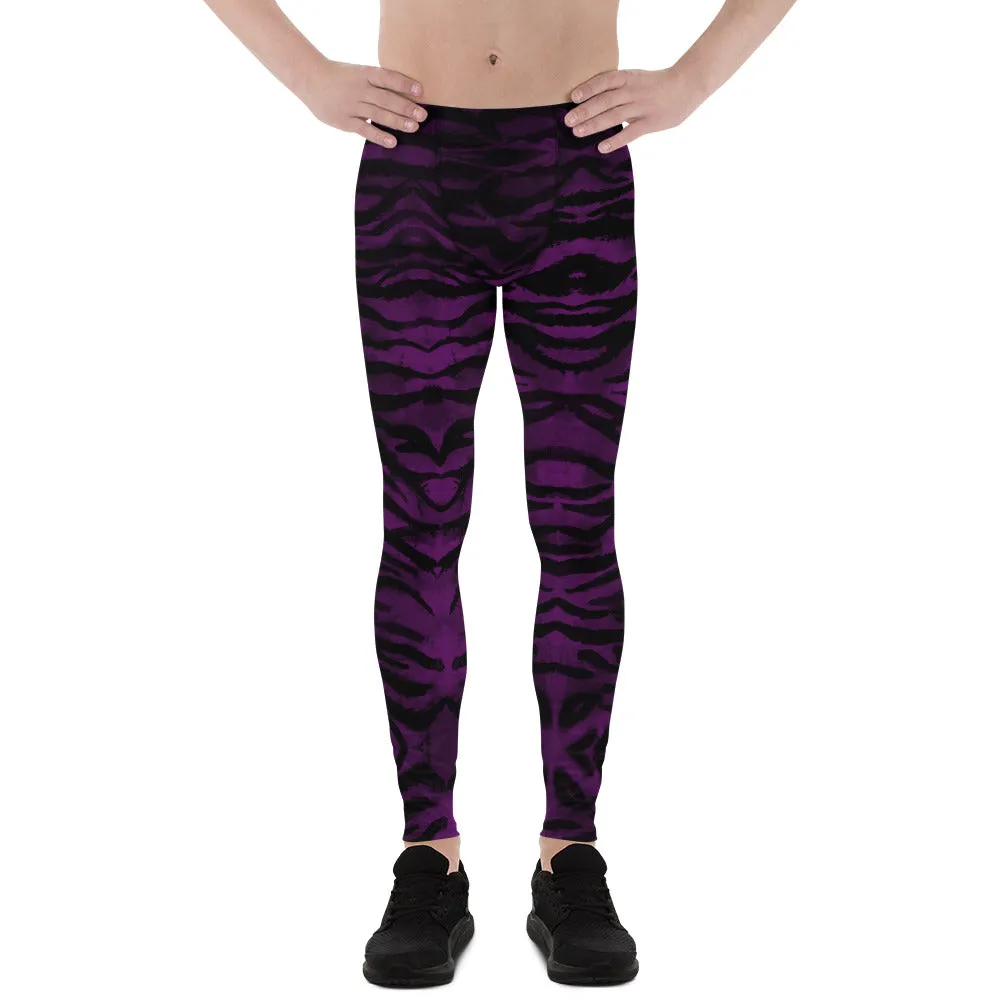 Purple Tiger Stripe Men's Leggings, Animal Print Meggings Compression Tights-Made in USA/EU