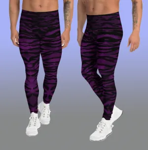 Purple Tiger Stripe Men's Leggings, Animal Print Meggings Compression Tights-Made in USA/EU