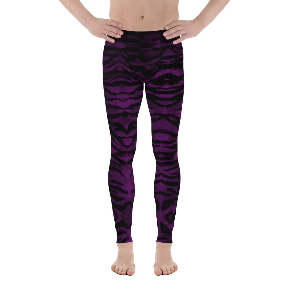 Purple Tiger Stripe Men's Leggings, Animal Print Meggings Compression Tights-Made in USA/EU