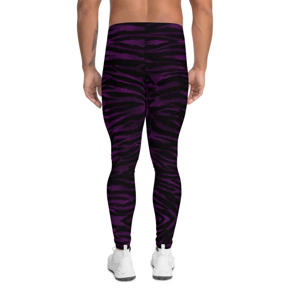 Purple Tiger Stripe Men's Leggings, Animal Print Meggings Compression Tights-Made in USA/EU