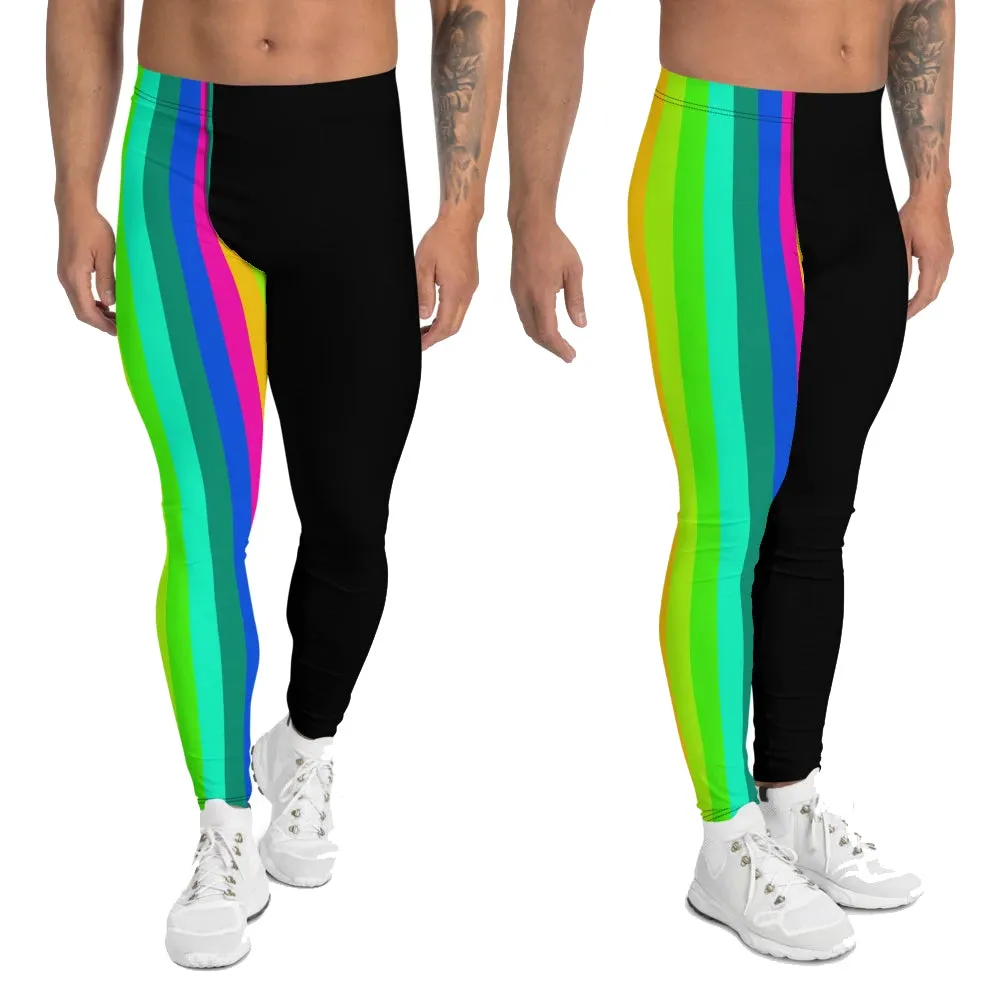 Rainbow Striped Men's Leggings, Black Gay Pride Best Compression Tights Meggings-Made in USA/EU/ MX