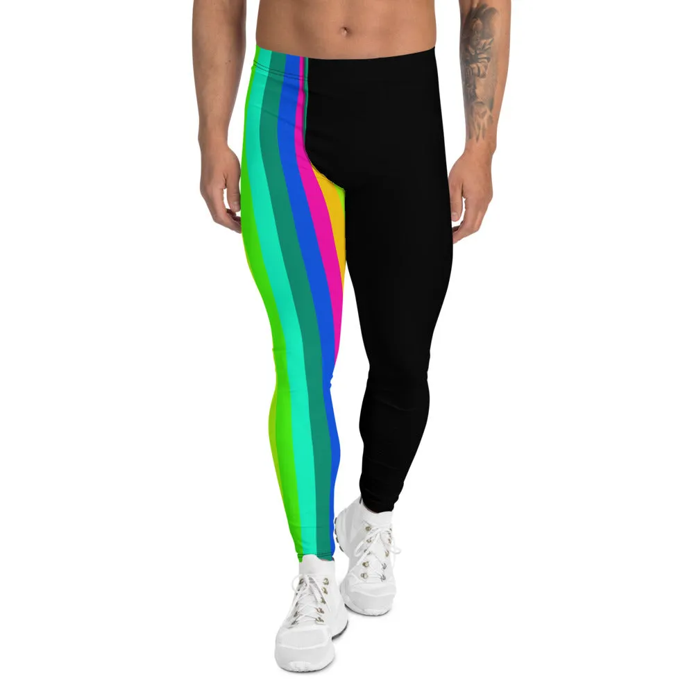 Rainbow Striped Men's Leggings, Black Gay Pride Best Compression Tights Meggings-Made in USA/EU/ MX