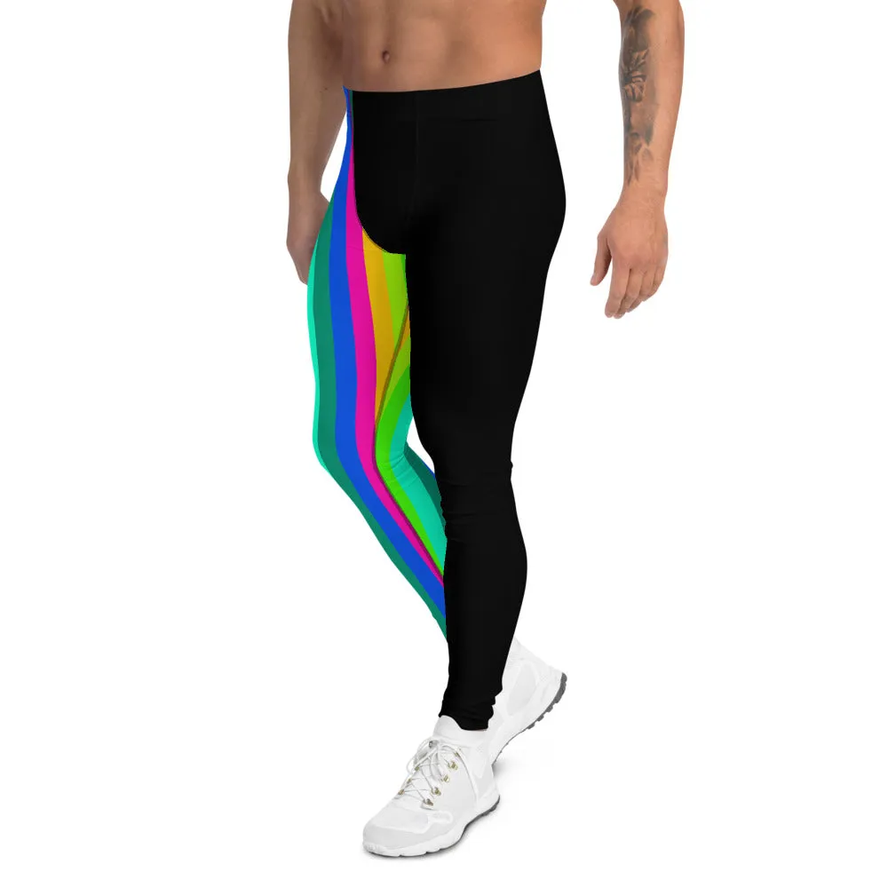 Rainbow Striped Men's Leggings, Black Gay Pride Best Compression Tights Meggings-Made in USA/EU/ MX