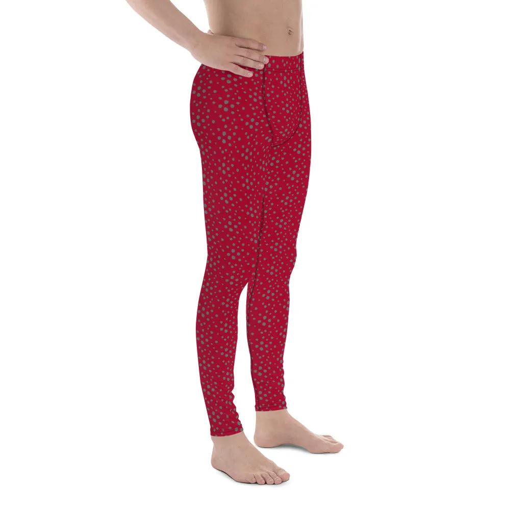 Red Grey Dotted Men's Leggings, Dots Pattern Designer Running Compression Tights For Men - Made in USA/EU/MX