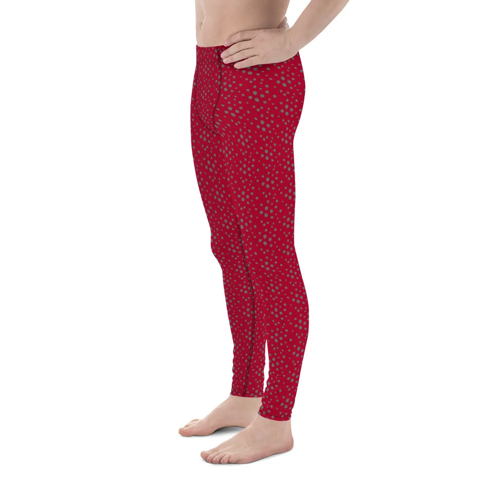 Red Grey Dotted Men's Leggings, Dots Pattern Designer Running Compression Tights For Men - Made in USA/EU/MX