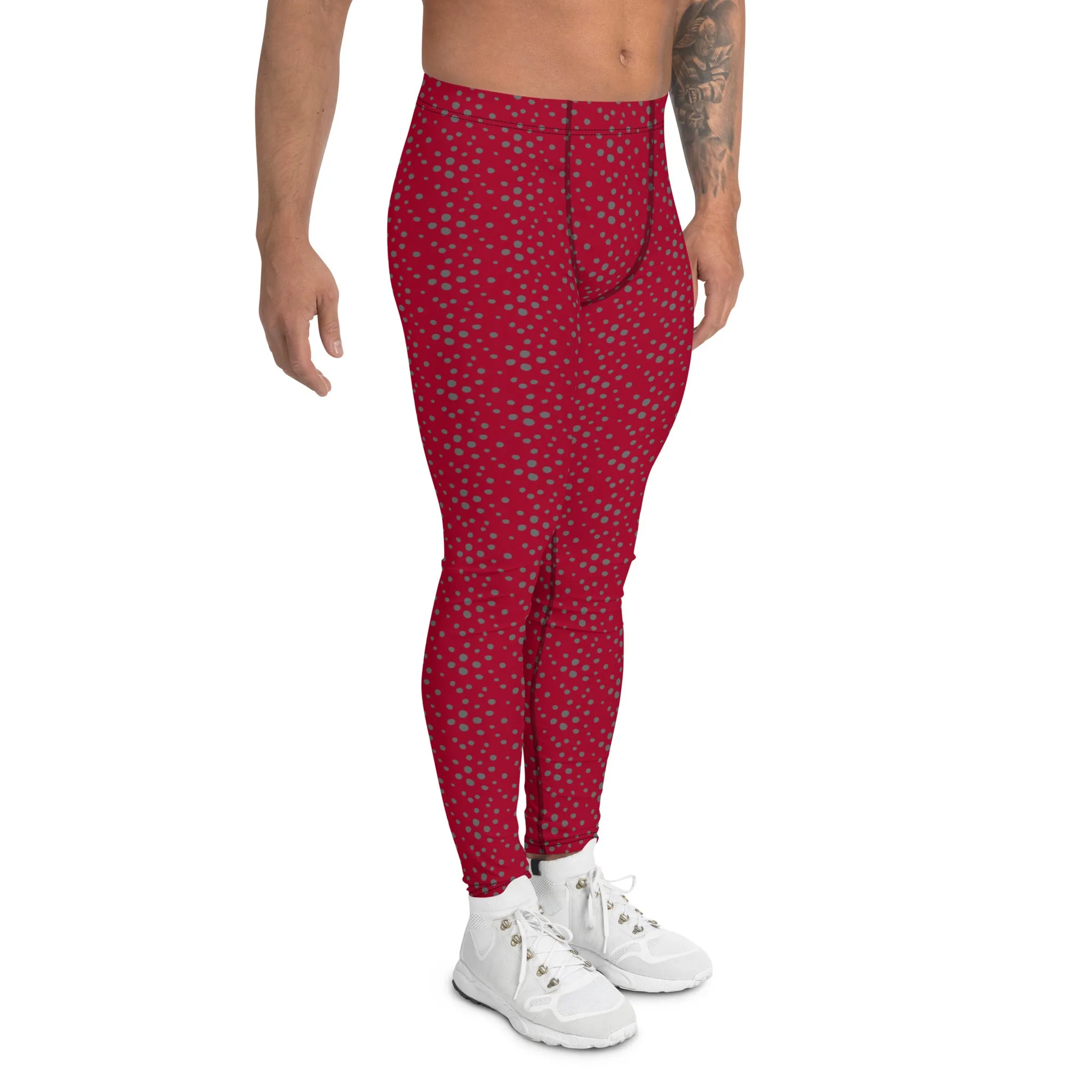 Red Grey Dotted Men's Leggings, Dots Pattern Designer Running Compression Tights For Men - Made in USA/EU/MX