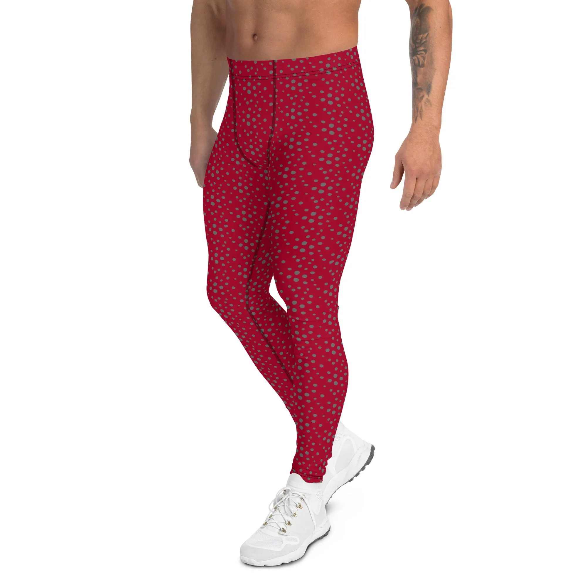 Red Grey Dotted Men's Leggings, Dots Pattern Designer Running Compression Tights For Men - Made in USA/EU/MX