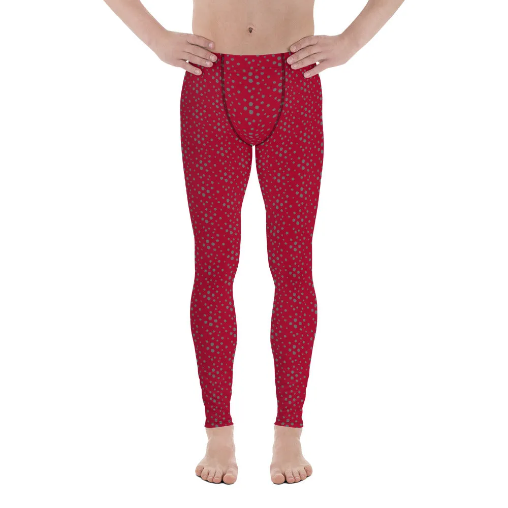 Red Grey Dotted Men's Leggings, Dots Pattern Designer Running Compression Tights For Men - Made in USA/EU/MX