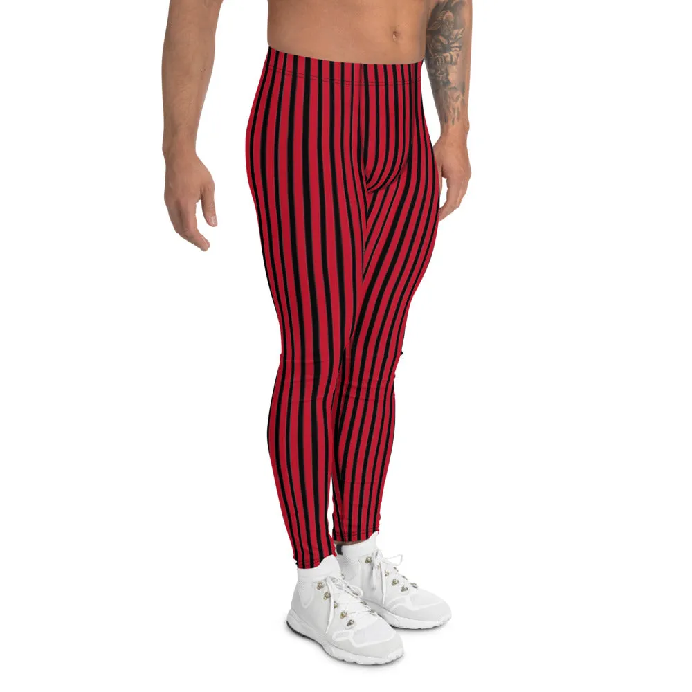 Red Striped Men's Leggings, Modern Vertically Stripes Meggings Running Tights-Made in USA/EU