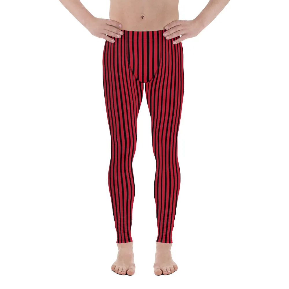 Red Striped Men's Leggings, Modern Vertically Stripes Meggings Running Tights-Made in USA/EU