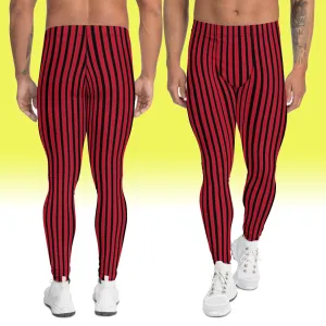 Red Striped Men's Leggings, Modern Vertically Stripes Meggings Running Tights-Made in USA/EU