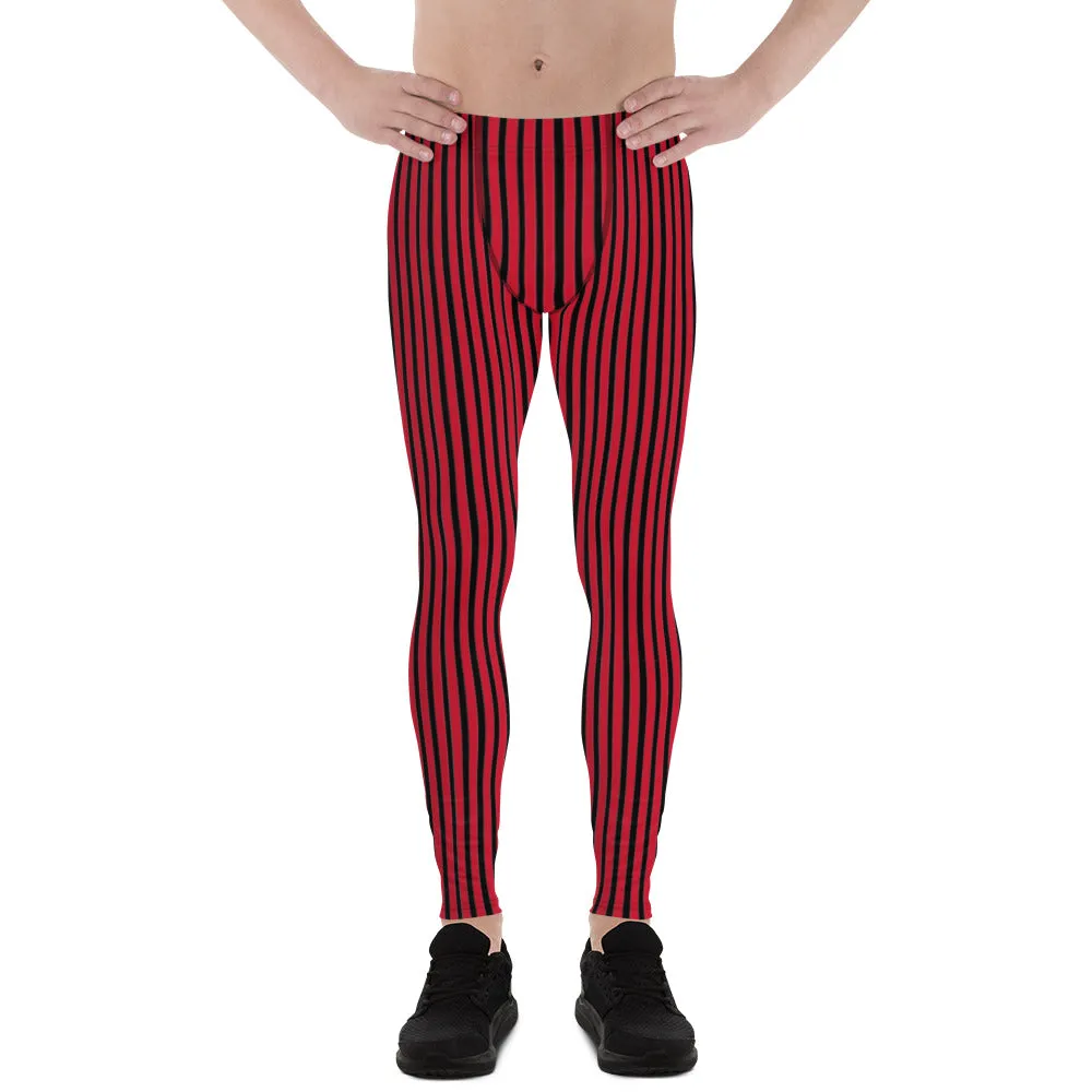 Red Striped Men's Leggings, Modern Vertically Stripes Meggings Running Tights-Made in USA/EU