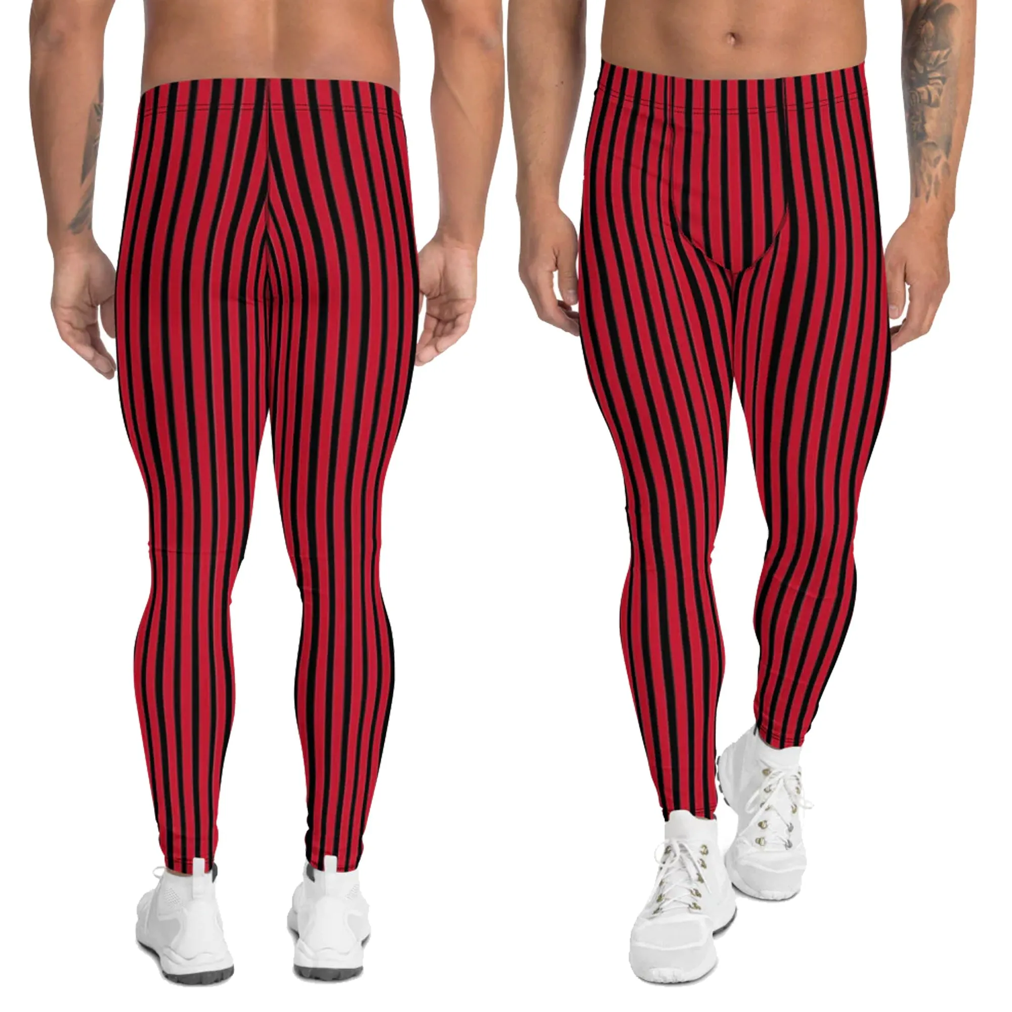 Red Striped Men's Leggings, Modern Vertically Stripes Meggings Running Tights-Made in USA/EU