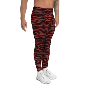 Red Tiger Striped Men's Leggings, Tiger Stripes Animal Print Designer Meggings-Made in USA/EU