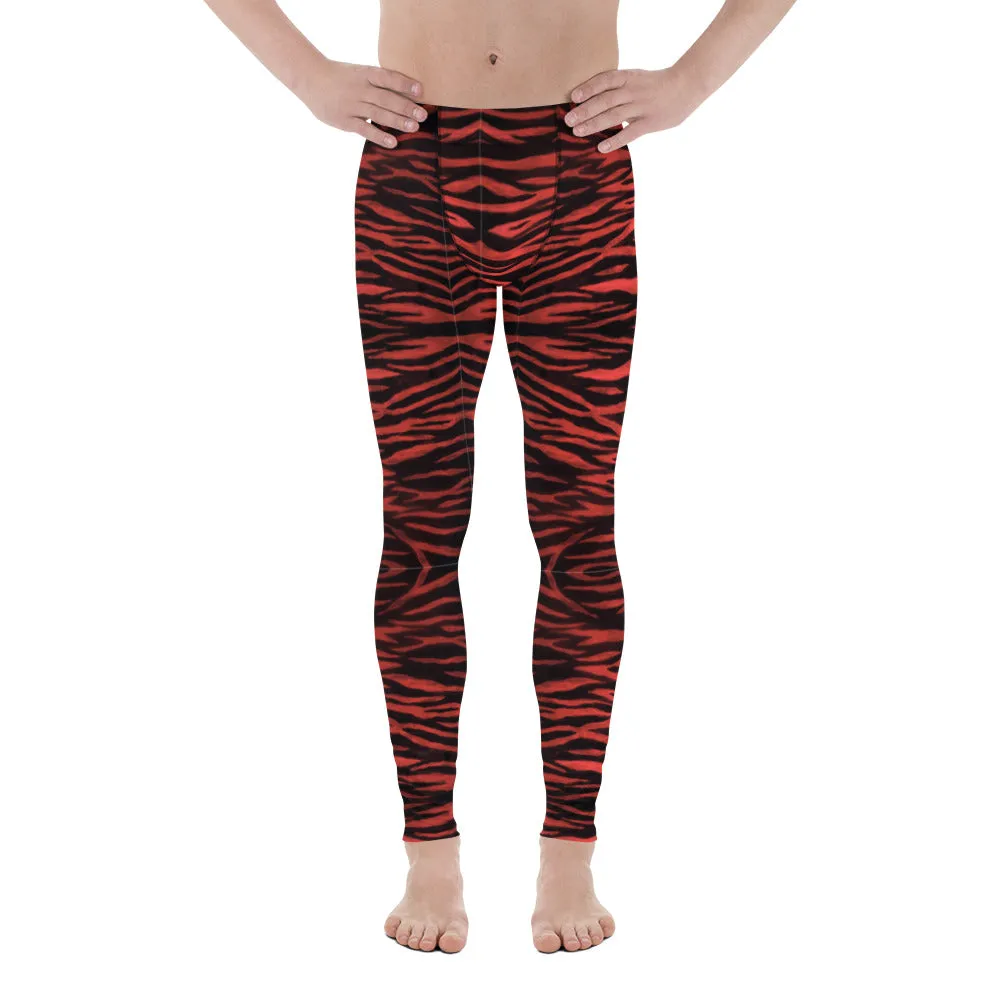 Red Tiger Striped Men's Leggings, Tiger Stripes Animal Print Designer Meggings-Made in USA/EU