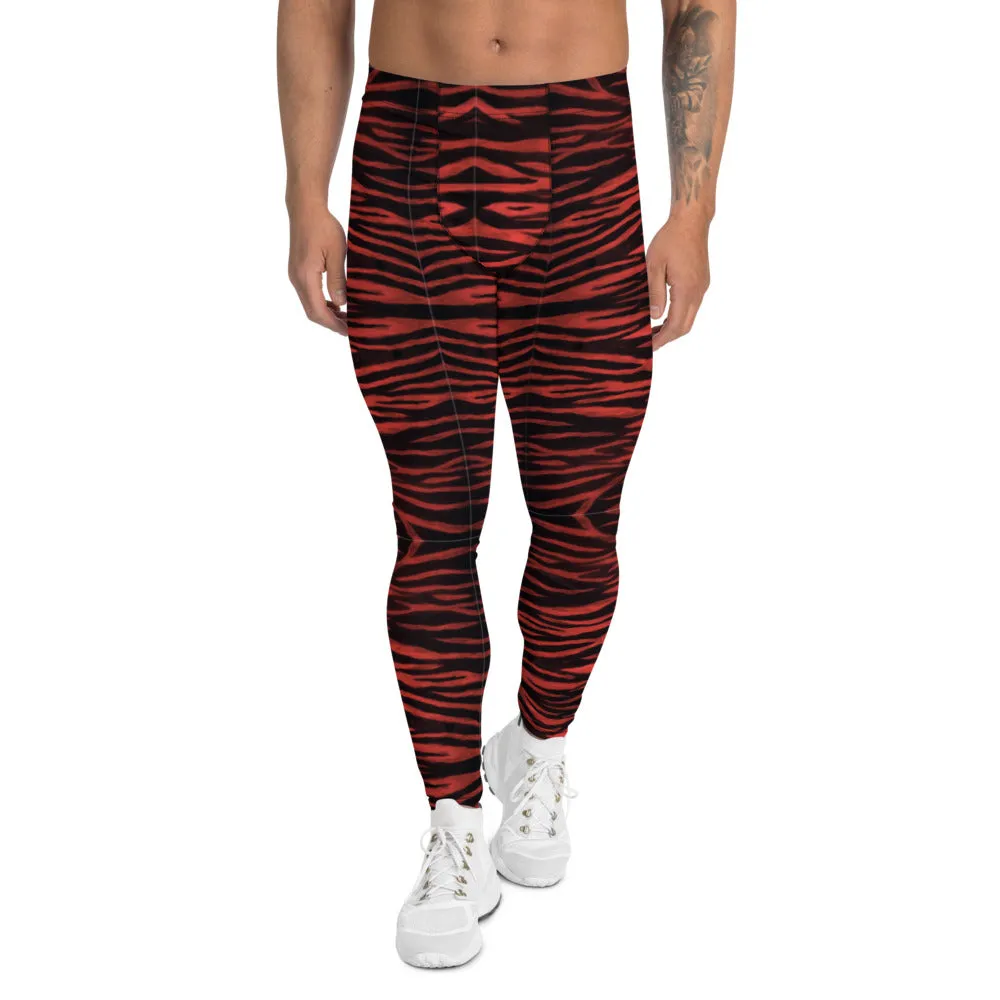 Red Tiger Striped Men's Leggings, Tiger Stripes Animal Print Designer Meggings-Made in USA/EU