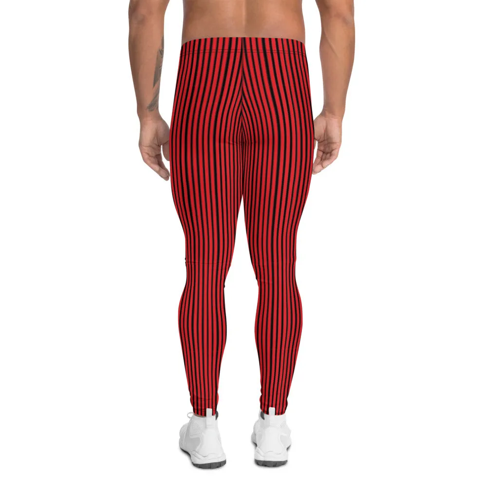 Red Vertically Striped Men's Leggings, Modern Best Stripes Meggings For Men-Made in USA/EU/MX