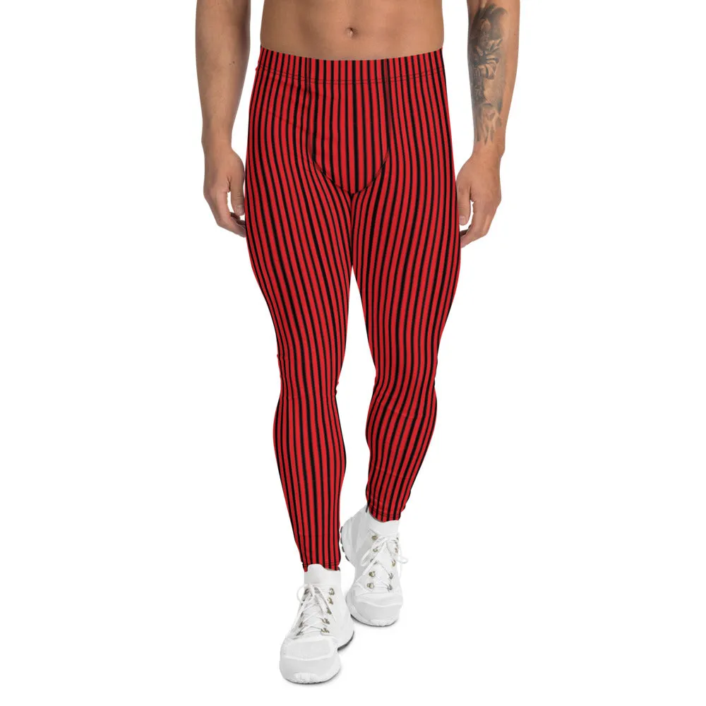 Red Vertically Striped Men's Leggings, Modern Best Stripes Meggings For Men-Made in USA/EU/MX