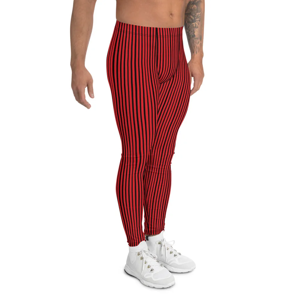 Red Vertically Striped Men's Leggings, Modern Best Stripes Meggings For Men-Made in USA/EU/MX