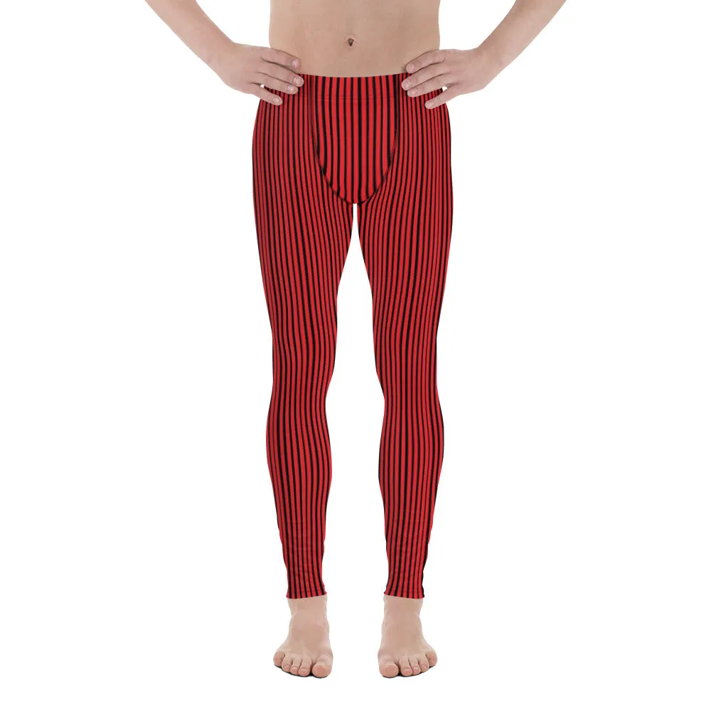 Red Vertically Striped Men's Leggings, Modern Best Stripes Meggings For Men-Made in USA/EU/MX